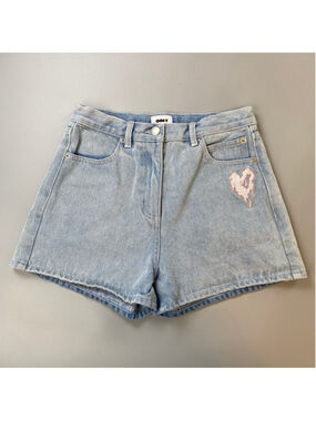OBEY Jean Shorts Womens 26 Light Blue Embroidered Heart Angel Indie Soft Girl